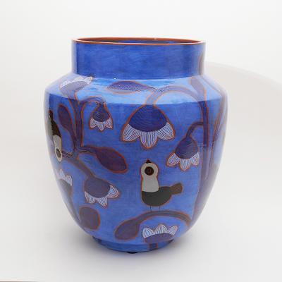 Beatriz Garrigo IMPORTANT INDIGO CERAMIC VASE WITH BLACK AND BLUE BIRDS