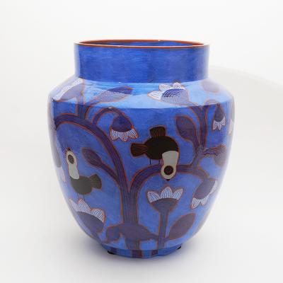 Beatriz Garrigo IMPORTANT INDIGO CERAMIC VASE WITH BLACK AND BLUE BIRDS