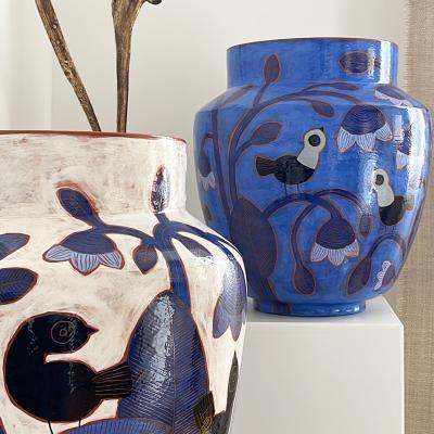 Beatriz Garrigo IMPORTANT INDIGO CERAMIC VASE WITH BLACK AND BLUE BIRDS