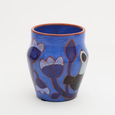 Beatriz Garrigo INDIGO CERAMIC SMALL VASE WITH BLACK AND BLUE BIRDS