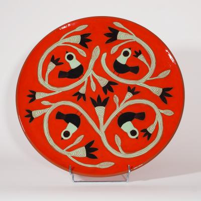 Beatriz Garrigo RED CERAMIC WIDE PLATE WITH BLACK AND GREEN BIRDS