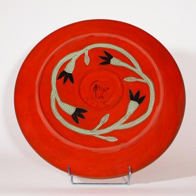 Beatriz Garrigo RED CERAMIC WIDE PLATE WITH BLACK AND GREEN BIRDS