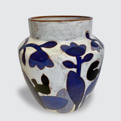 Beatriz Garrigo VASE WITH BLUE FLOWERS BLACK BIRDS Ceramic vase