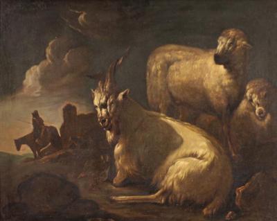 Beautiful 17th century painting bucolic landscape with goats