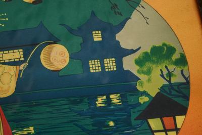 Beautiful Japanese Themed Art Deco Tray in Wood and Glass 1940s