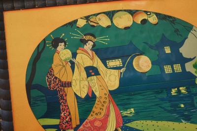 Beautiful Japanese Themed Art Deco Tray in Wood and Glass 1940s