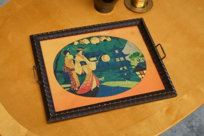 Beautiful Japanese Themed Art Deco Tray in Wood and Glass 1940s