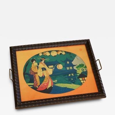 Beautiful Japanese Themed Art Deco Tray in Wood and Glass 1940s