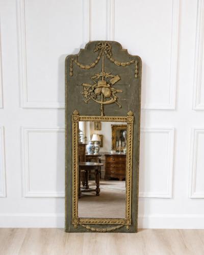 Beautiful Louis XVI period trumeau in grey green painted wood