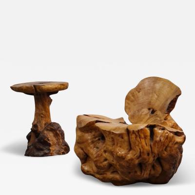 Beautiful Organic Finnish Burl Set of a Chair and Side Table Finland 1950s