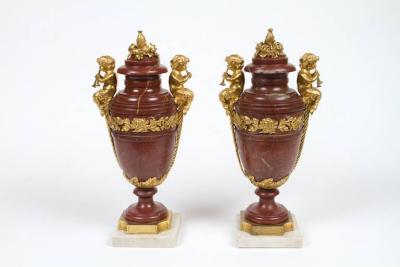 Beautiful Pair of Neoclassical Style Gilt Bronze and Marble Urns