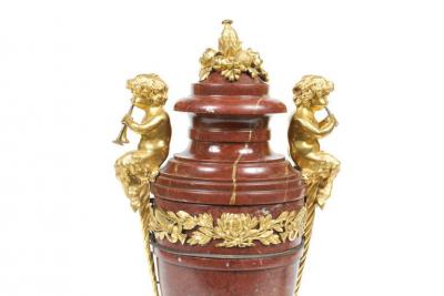 Beautiful Pair of Neoclassical Style Gilt Bronze and Marble Urns