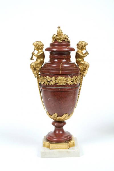Beautiful Pair of Neoclassical Style Gilt Bronze and Marble Urns