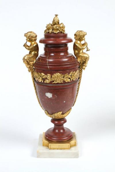 Beautiful Pair of Neoclassical Style Gilt Bronze and Marble Urns