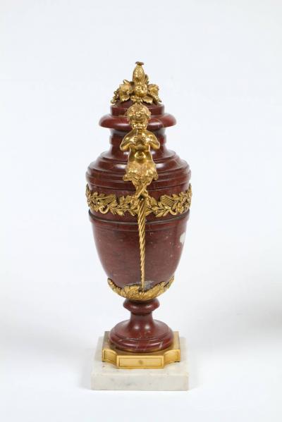 Beautiful Pair of Neoclassical Style Gilt Bronze and Marble Urns