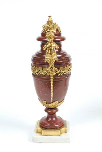 Beautiful Pair of Neoclassical Style Gilt Bronze and Marble Urns