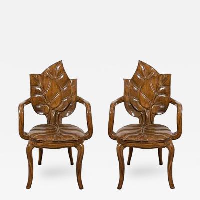 Beautiful Pair of Sculptural Carved Leaf Motif Armchairs or Side Chairs