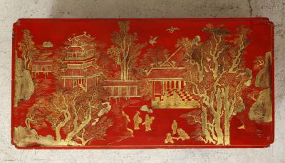 Beautifully Hand Painted Red Lacquered Chinoiserie Cocktail Coffee Table