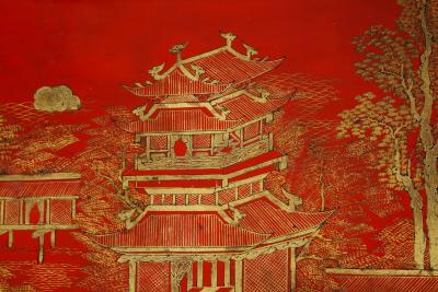 Beautifully Hand Painted Red Lacquered Chinoiserie Cocktail Coffee Table