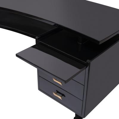 Beautifully Tailored French Desk in Black Lacquer with Brass Pulls 1940s