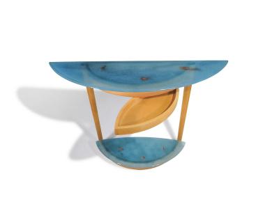 Beech Entryway Console Table with Turquoise Art Glass with Copper Infusions
