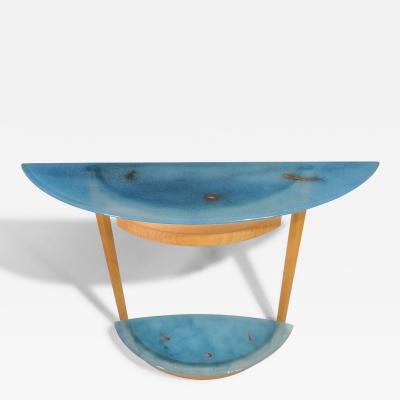 Beech Entryway Console Table with Turquoise Art Glass with Copper Infusions