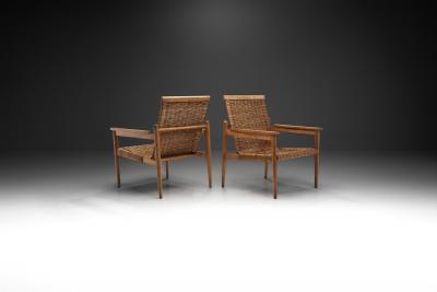 Beech and Wicker Czechoslovakian Armchairs Czechoslovakia 1950s