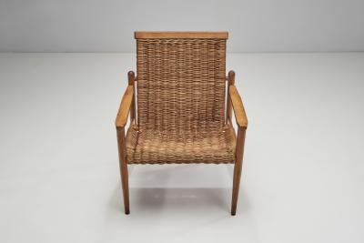 Beech and Wicker Czechoslovakian Armchairs Czechoslovakia 1950s
