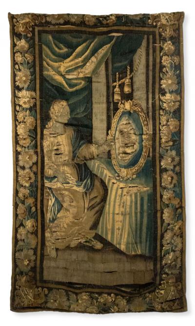 Belgian 17th Century Woven Tapestry of a Lady and Mirror