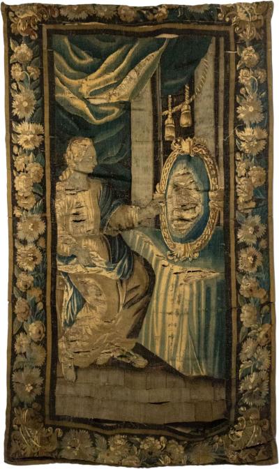 Belgian 17th Century Woven Tapestry of a Lady and Mirror