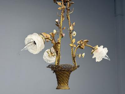 Belle Epoque Style Basket Chandelier Bronze Porcelain 1940s