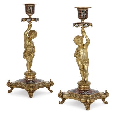 Belle poque period gilt bronze and enamel clock set