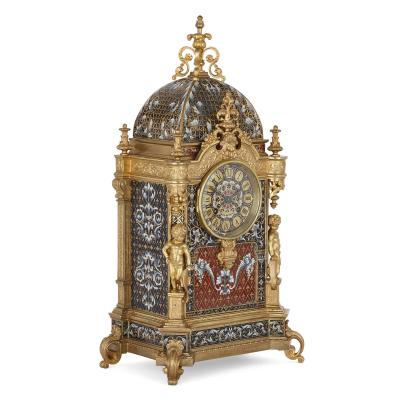 Belle poque period gilt bronze and enamel clock set