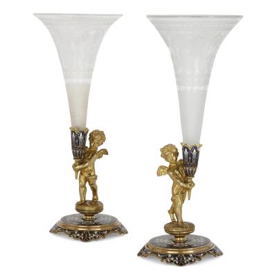 Belle poque period gilt bronze and enamel clock set