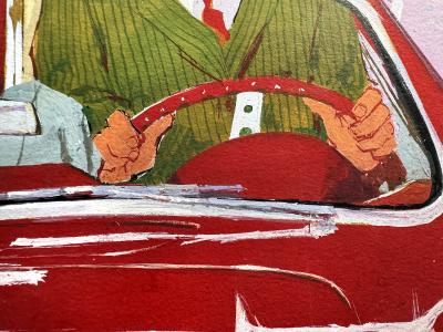 Ben Denison Red Corvette Hot Car Playboy Cartoon Mid Century