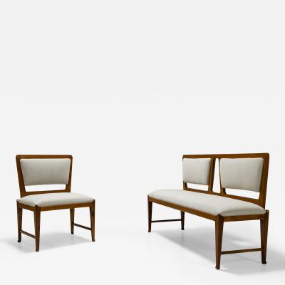 Bench And Side Chair In Cherry Wood And Off White Upholstery Italy 1950s