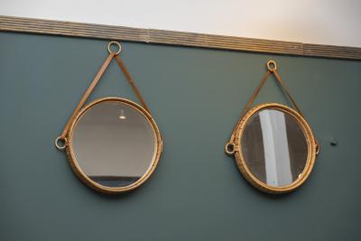 Bengt Ruda Scandinavian Modern Susanne Rattan and Leather Wall Mirrors by Bengt Ruda