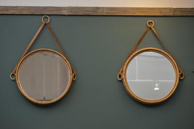 Bengt Ruda Scandinavian Modern Susanne Rattan and Leather Wall Mirrors by Bengt Ruda