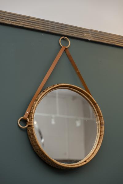 Bengt Ruda Scandinavian Modern Susanne Rattan and Leather Wall Mirrors by Bengt Ruda
