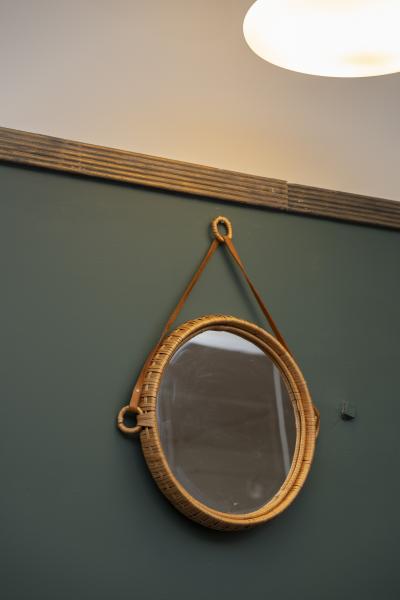 Bengt Ruda Scandinavian Modern Susanne Rattan and Leather Wall Mirrors by Bengt Ruda