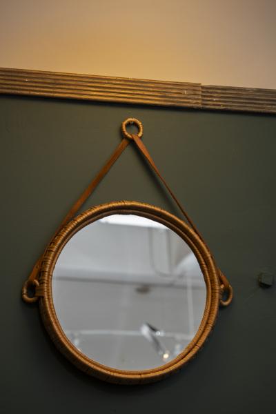 Bengt Ruda Scandinavian Modern Susanne Rattan and Leather Wall Mirrors by Bengt Ruda