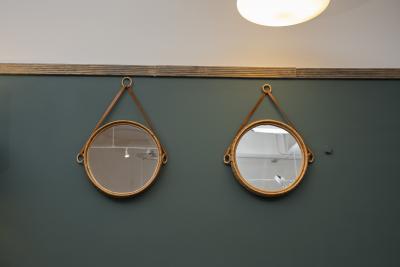 Bengt Ruda Scandinavian Modern Susanne Rattan and Leather Wall Mirrors by Bengt Ruda