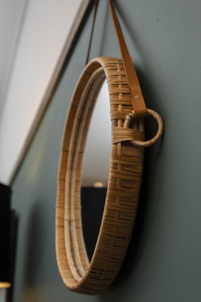 Bengt Ruda Scandinavian Modern Susanne Rattan and Leather Wall Mirrors by Bengt Ruda