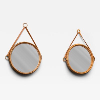 Bengt Ruda Scandinavian Modern Susanne Rattan and Leather Wall Mirrors by Bengt Ruda