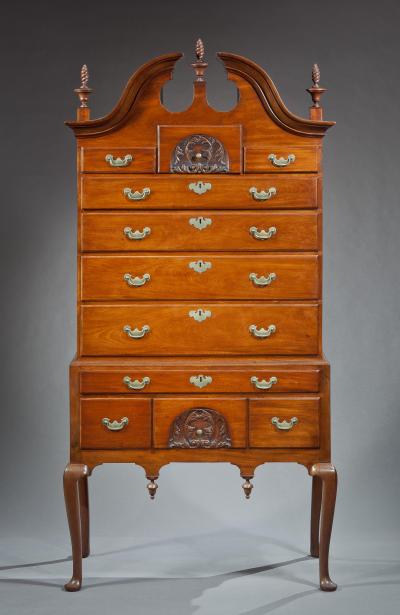 Benjamin Frothingham Queen Anne Bonnet Top Highboy with Two Carved Drawers