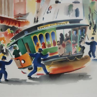Benjamin Harris Pair of Signed Benjamin Jorj Harris Airbrush San Francisco Cable Car Artworks