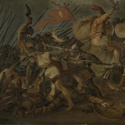 Benjamin Zobel A pair of sand pictures by Benjamin Zobel after paintings by de Loutherbourg