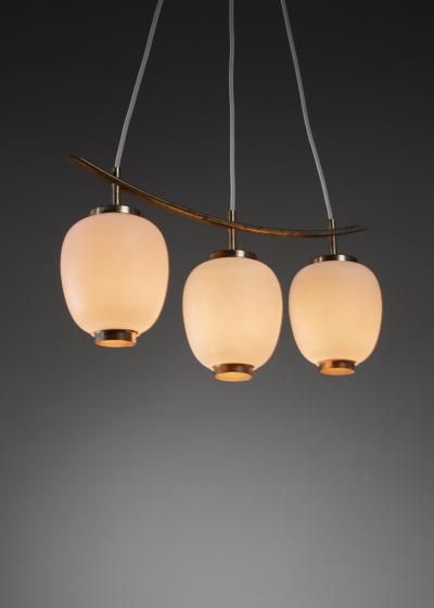 Bent Karlby Brass and opaline glass Bent Karlby pendant with three shades Denmark 1950s