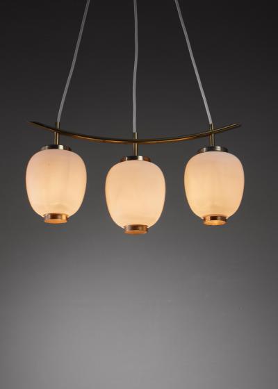 Bent Karlby Brass and opaline glass Bent Karlby pendant with three shades Denmark 1950s
