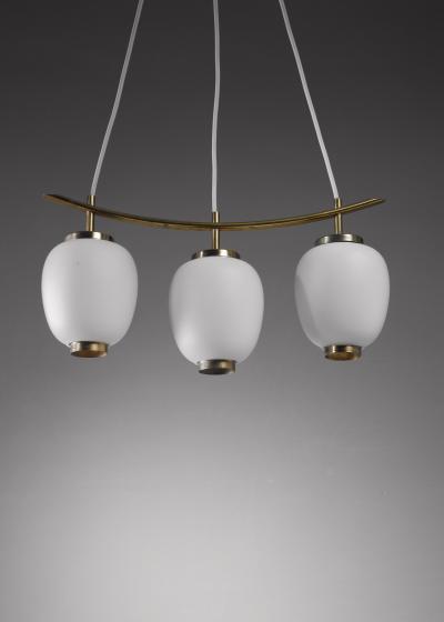 Bent Karlby Brass and opaline glass Bent Karlby pendant with three shades Denmark 1950s